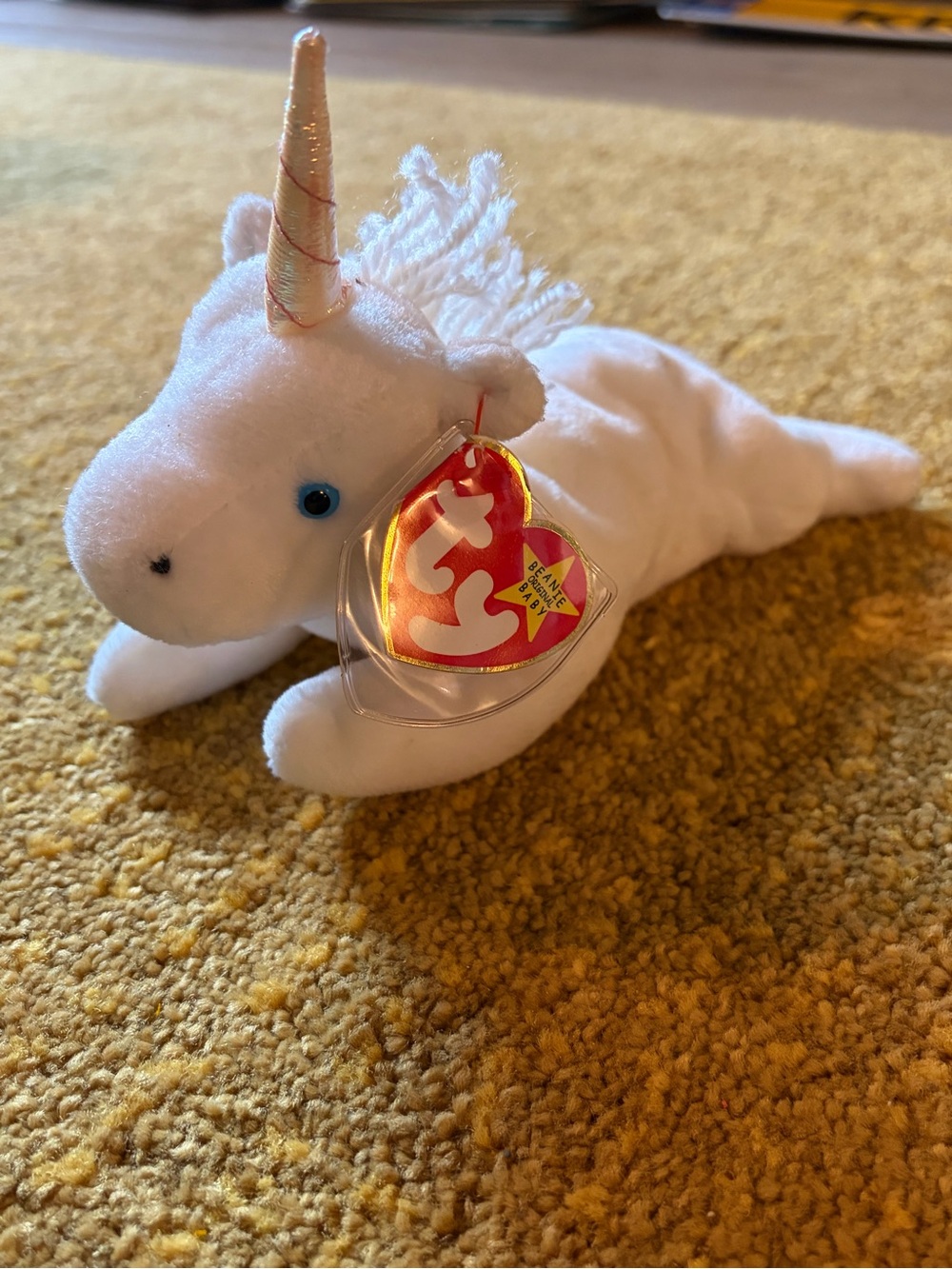Ty White Unicorn Plush with Gold Horn and Blue Eyes